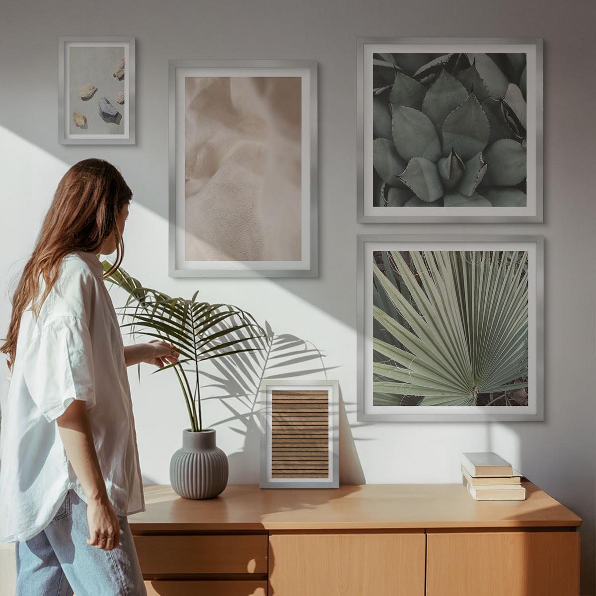BILDER SET 5er Set - 50x50 cm & 20x30 cm & 40x60 cm Silberner Rahmen - Steine, Holz, Stofftexturen - Silberfarben, Kunststoff (40/60cm) - TULUP