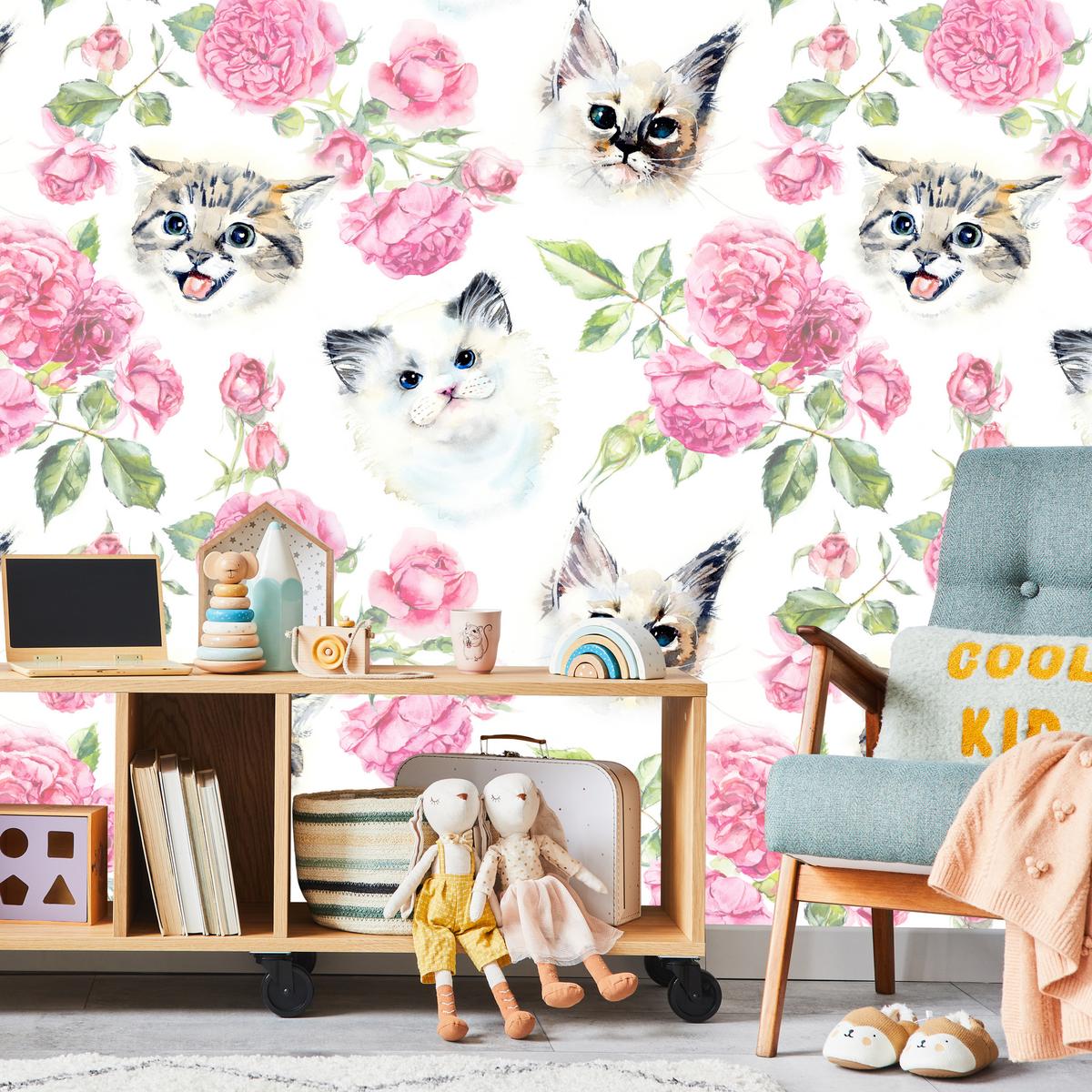 FOTOTAPETE für Badezimmer Kätzchen Rosen Blumen 150x105 - Beige/Rosa, Papier (150/105cm) - Muralo