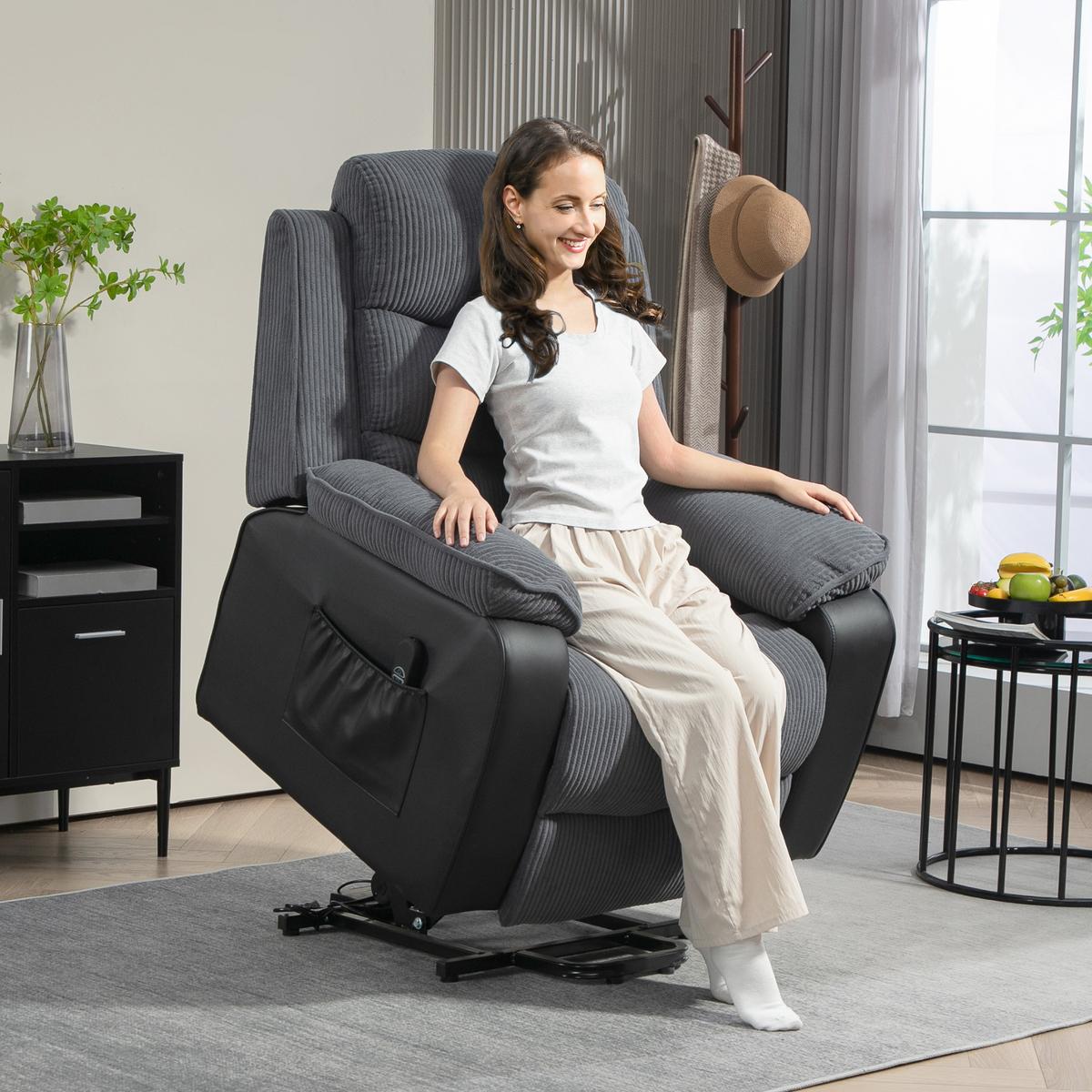 FERNSEHSESSEL mit Aufstehhilfe Liegesessel mit Liegefunktion, Seitentasche - Dunkelgrau/Schwarz, Textil/Metall (96/108/96cm) - HOMCOM