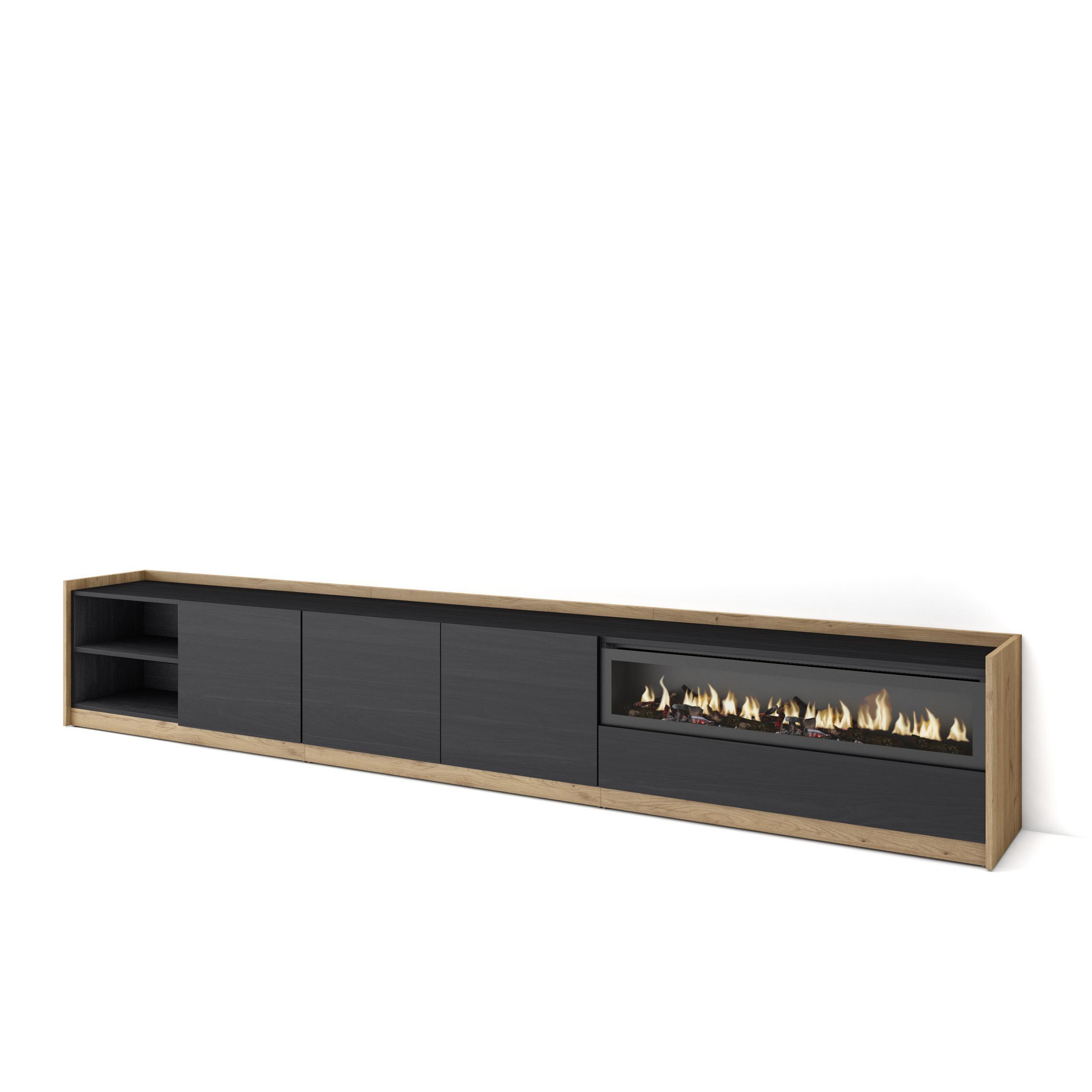 LOWBOARD, Schwarz Eiche, Elektrokamin, 310/37/50cm - Schwarz, Holzwerkstoff (310/50/37cm) - Skraut Home