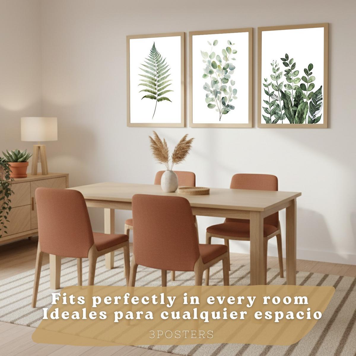POSTER 3er Bilder-Set Wandbilder Botanisch Grün modern Wohnzimmer Deko, Schlafzimmer, Küche, Badezimmer Rahmenlos A3 - Klar, Papier (29.7/1/42cm) - Nacnic