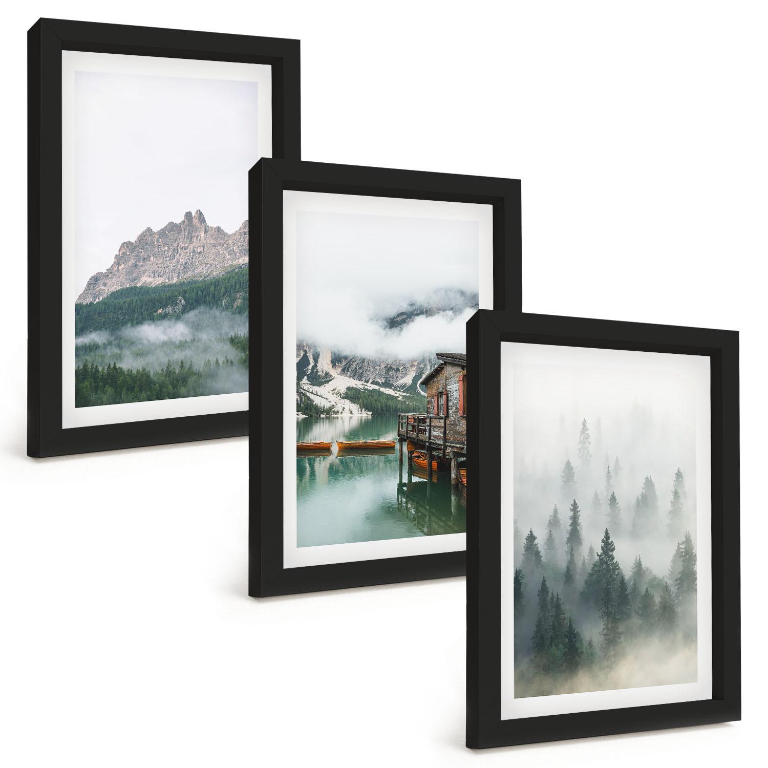 BILDER SET 3er Set - 20x30 cm Schwarzer Rahmen - Berge, See, Hütte, Nebel - Schwarz, Kunststoff (20/30cm) - TULUP