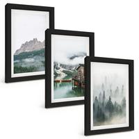 BILDER SET 3er Set - 20x30 cm Schwarzer Rahmen - Berge, See, Hütte, Nebel - Schwarz, Kunststoff (20/30cm) - TULUP