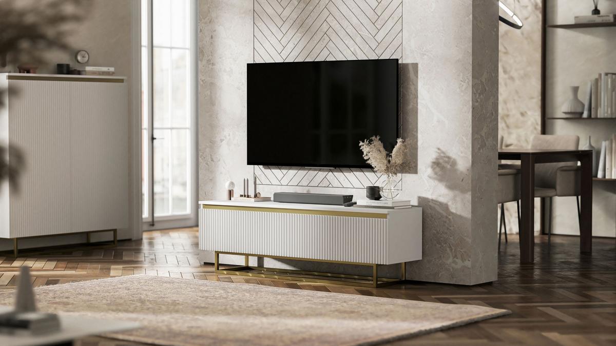 TV-SCHRANK Selene Glamour Weiß Matt mit Metallrahmen 140 cm - Goldfarben/Weiß, Holzwerkstoff/Metall (140/44/35cm) - Meble Lindner