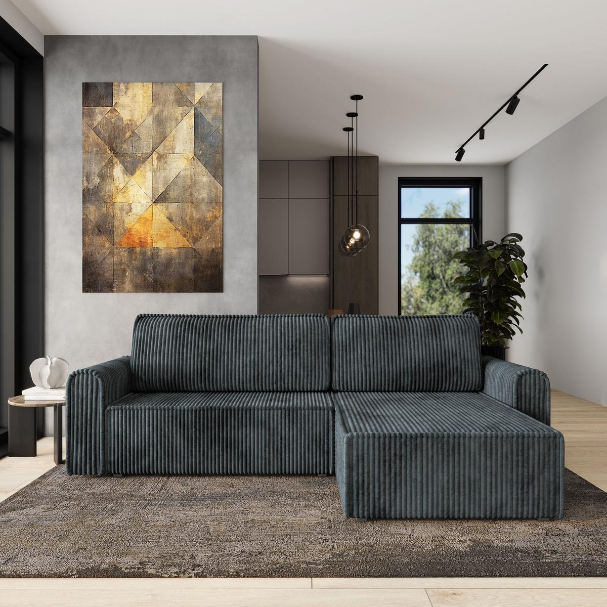 ECKSOFA VALTINO Grau Kordstoff mit Schlaffunktion - Grau, Holz (275/148cm) - MASSENO