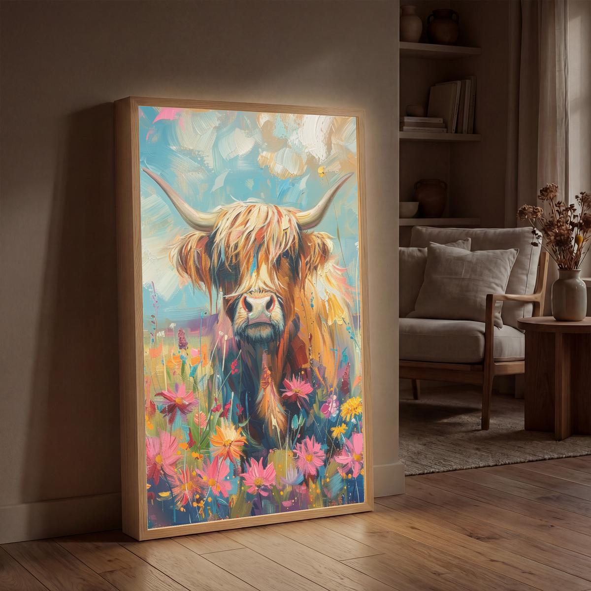 WANDLEUCHTE MIT AKKU Schottische Hochländer - Natur - Farbenfroh - Blumen 70x100 cm - Multicolor, Holzwerkstoff (70/100/8cm) - OnlyWow