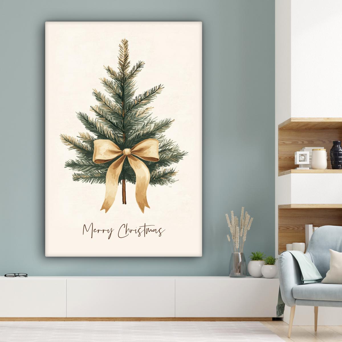 LEINWANDBILD Weihnachtsbaum - Weihnachten - Frohe Weihnachten - Beige Deko Groß 90x140 cm - Sandfarben, Textil (90/140cm) - MuchoWow