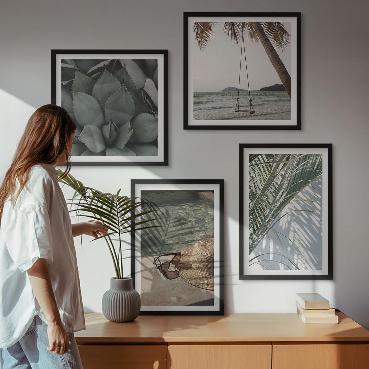 BILDER SET 4er Set - 50x50 cm & 40x60 cm Schwarzer Rahmen - Tropische Pflanzen für den Urlaub - Schwarz, Kunststoff (50/50cm) - TULUP
