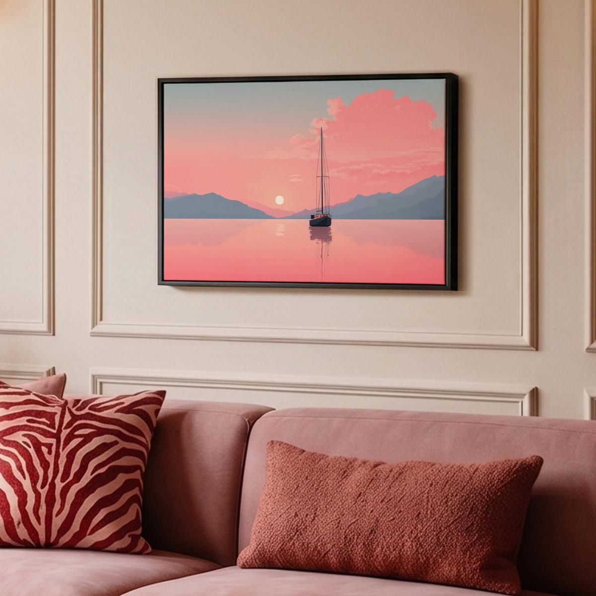 LEINWAND Bilder mit Rahmen - Segelboot - Rosa Meer - Sonnenuntergang - Berge - 60x40 - Rosa, Textil (60/40cm) - MuchoWow