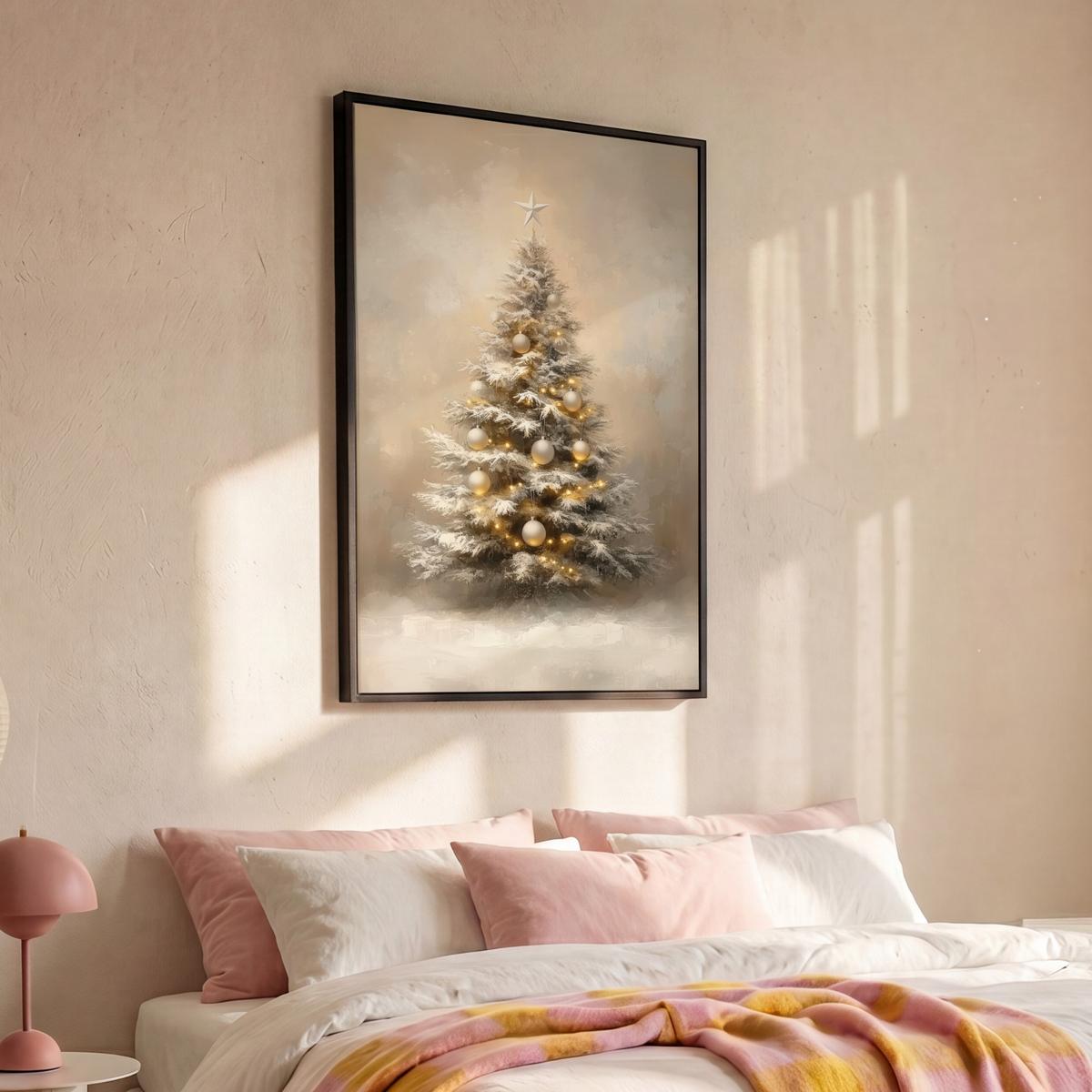 LEINWAND Bilder mit Rahmen - Weihnachten - Weihnachtsbaum - Schnee - Kunst - 100x150 - Champagner, Textil (100/150cm) - MuchoWow
