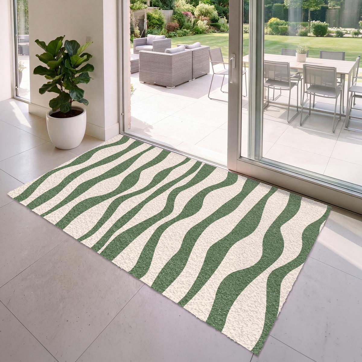 FUSSMATTE Wellenlinien - Beige - Grün - Streifen - Abstrakt Fußabtreter 180x120 cm - Dunkelgrün, Kunststoff (180/0.4cm) - MuchoWow