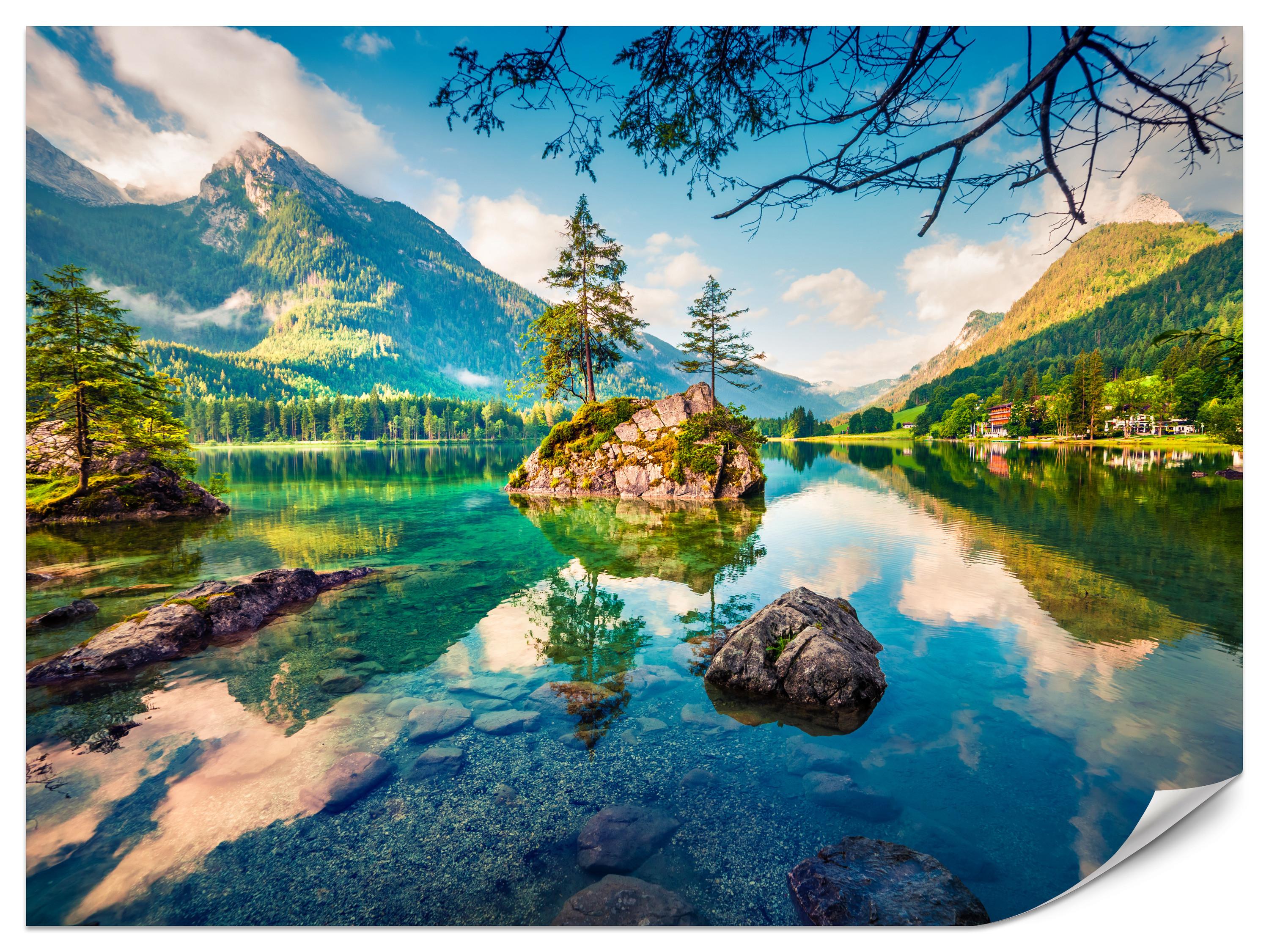 FOTOTAPETE für Schlafzimmer Bergsee Nadelbäume Felsen Natur Landschaft 150x105 - Türkis/Beige, Papier (150/105cm) - Muralo