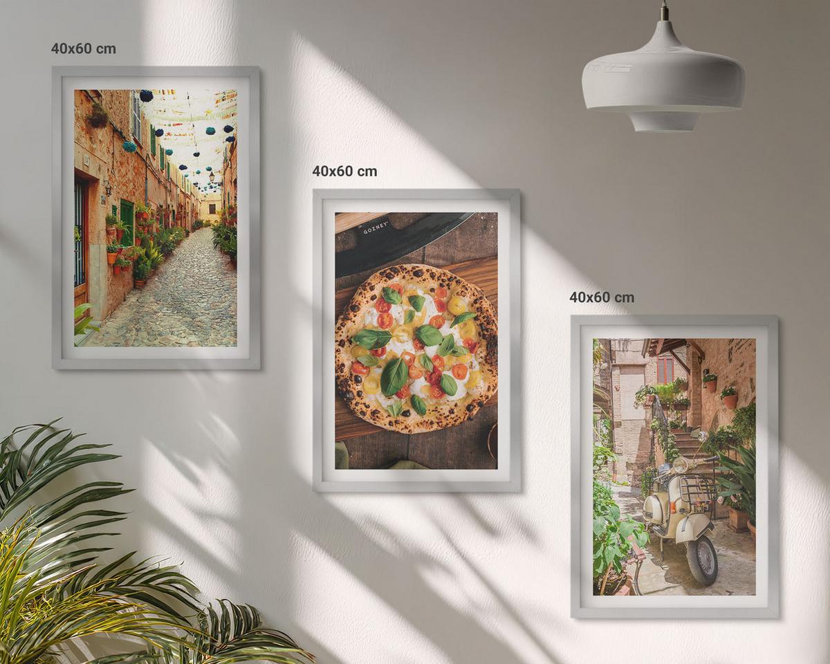 BILDER SET 3er Set - 40x60 cm Silberner Rahmen - Charmante Straßen mit Pizza - Silberfarben, Kunststoff (40/60cm) - TULUP