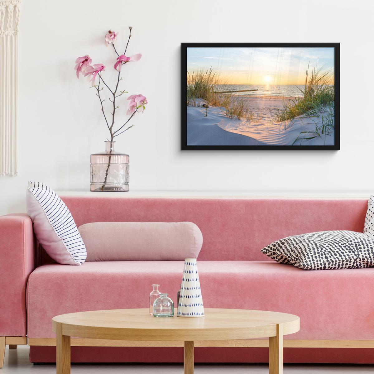 POSTER MIT RAHMENGERAHMTES BILD Strand - Sonne - Düne - Gras - Sand - Horizont 60x40 cm - Hellblau, Papier (60/40cm) - MuchoWow