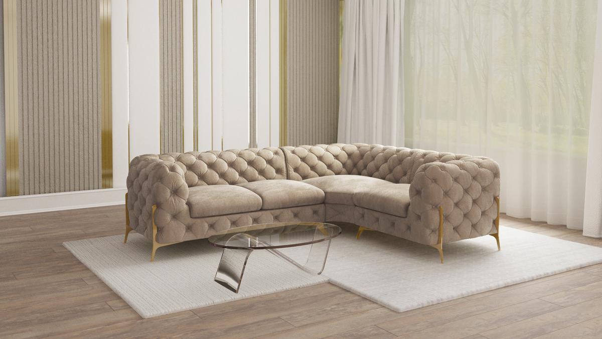 ECKSOFA Chesterfield Lexi Dunkle Creme Samt, Ottomane rechts - Goldfarben/Creme, Holz/Textil (264/204cm) - S-Style Möbel