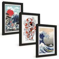 BILDER SET 3er Set - 20x30 cm Schwarzer Rahmen - Berge von Fischen Große Welle Japan - Schwarz, Kunststoff (20/30cm) - TULUP