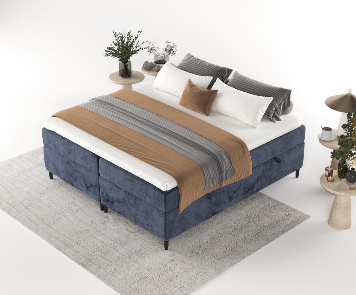 BOXBETT Theo 160/200 cm Marineblau im Lotta Stoff - Schwarz/Dunkelblau, Holz/Holzwerkstoff (160/200cm) - AltaBeds