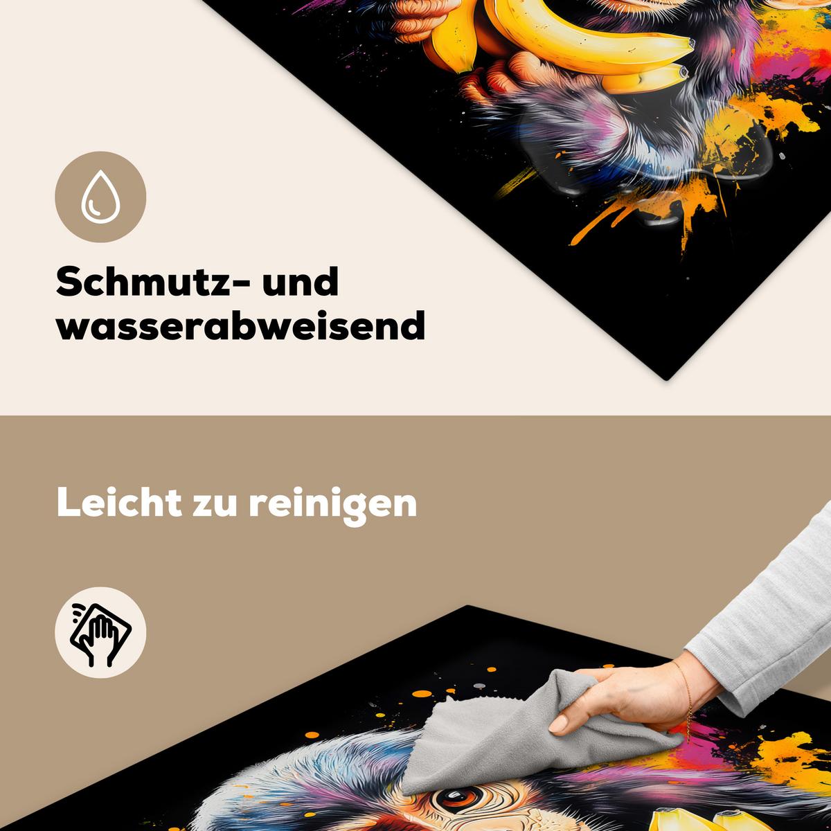 HERDABDECKPLATTE Affe - Graffiti - Farbenfroh - Bananen - Modern Induktionsmatte 78x78 cm - Gelb, Kunststoff (78/78/0.2cm) - MuchoWow