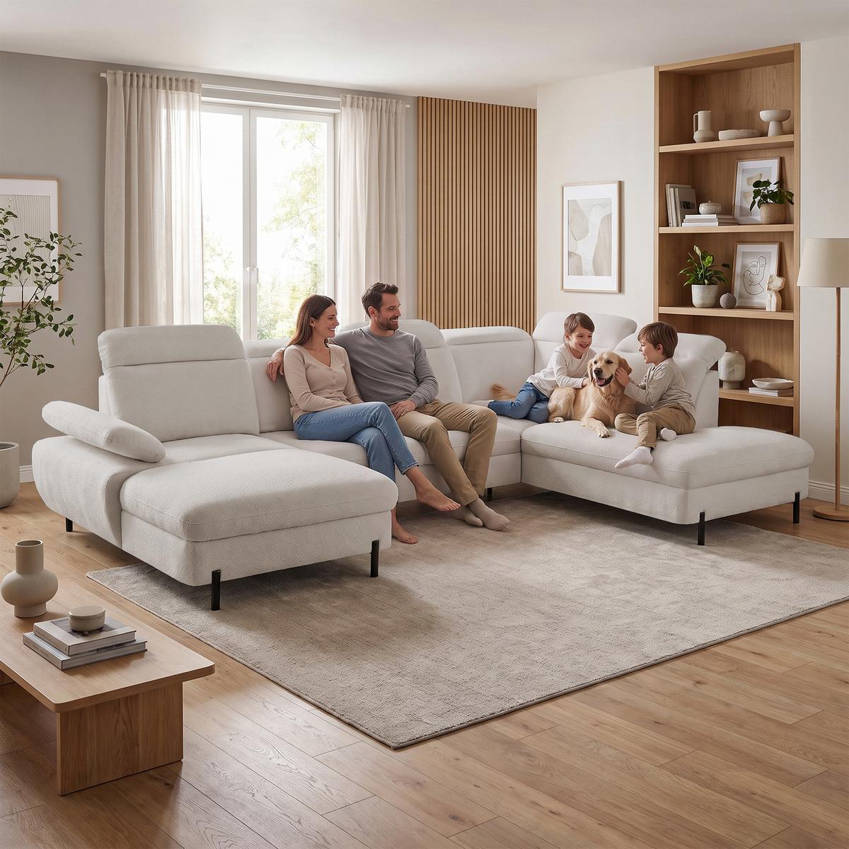 WOHNLANDSCHAFT Sora U mit Schlaffunktion und verstellbarer Sitztiefe, Kopfstützen und Armlehne, 365 cm, Beige, Links - Beige/Schwarz, Textil (365/107/235cm) - Beautysofa