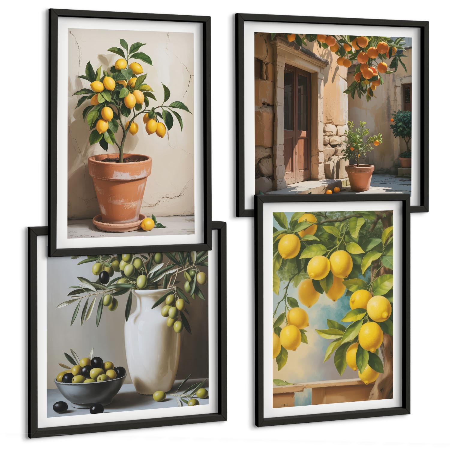BILDER SET 4er Set - 50x50 cm & 40x60 cm Schwarzer Rahmen - Zitronenbäume im Topf - Schwarz, Kunststoff (50/50cm) - TULUP