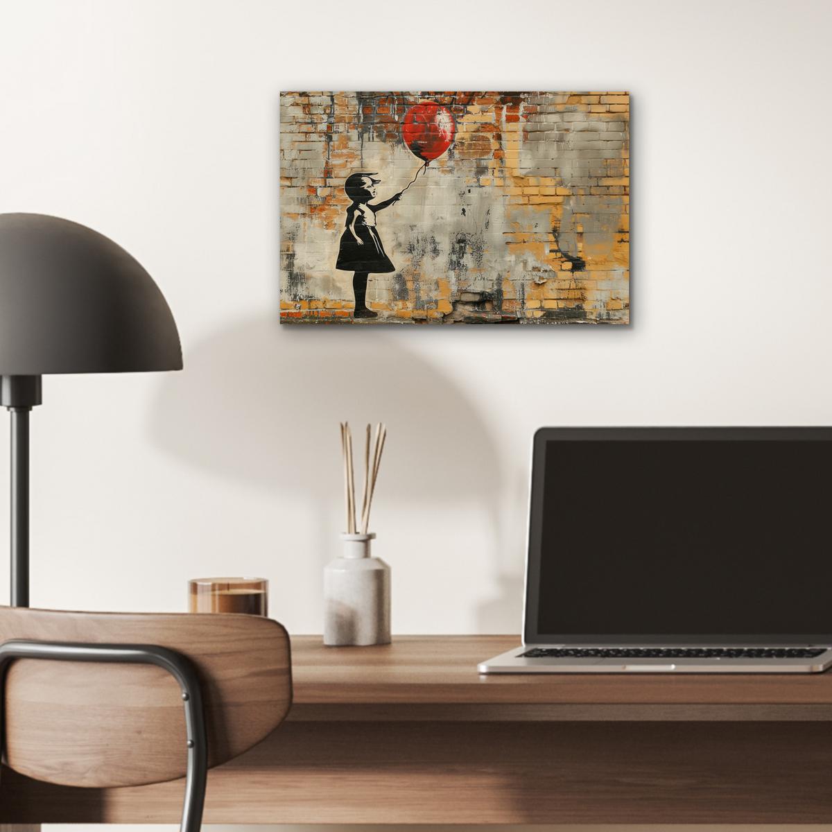 METALLBILD Graffiti - Banksy - Mädchen - Straßenkunst 30x20 cm - Sandfarben, Metall (30/20cm) - MuchoWow