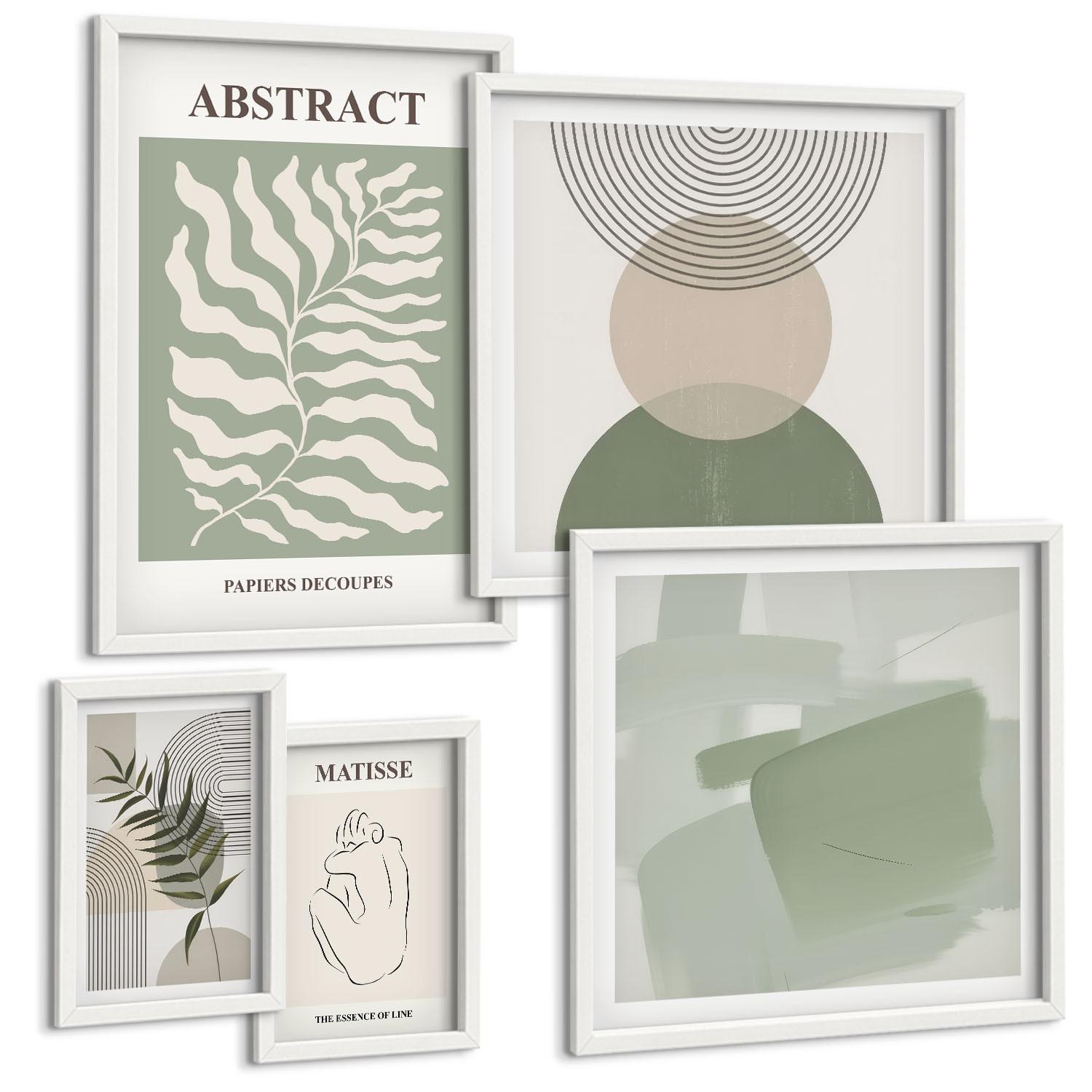 BILDER SET 5er Set - 50x50 cm & 20x30 cm & 40x60 cm Weißer Rahmen - Botanische Boho-Abstraktionen - Weiß, Kunststoff (40/60cm) - TULUP