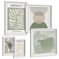 BILDER SET 5er Set - 50x50 cm & 20x30 cm & 40x60 cm Weißer Rahmen - Botanische Boho-Abstraktionen - Weiß, Kunststoff (40/60cm) - TULUP