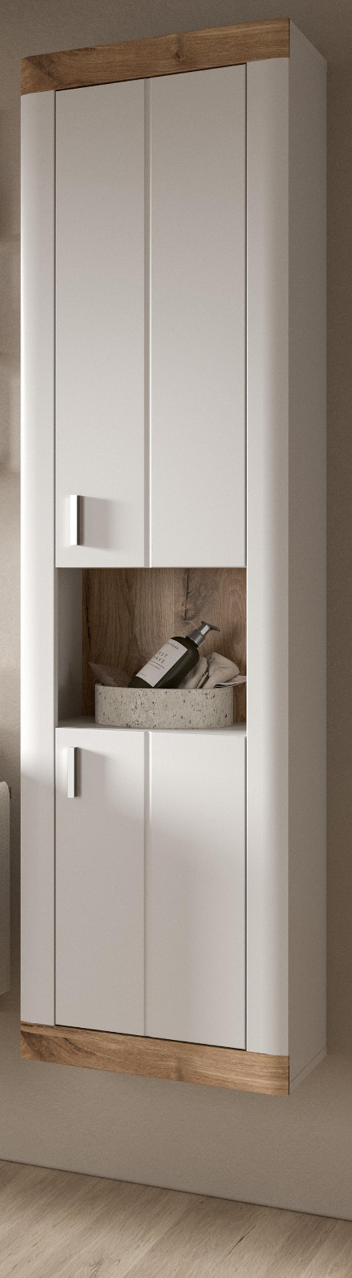 HOCHSCHRANK weiß, Eiche 45 cm, Badschrank mit Soft-Close - Eichefarben/Silberfarben, Holzwerkstoff/Kunststoff (45/172/30cm) - Inn.Furn