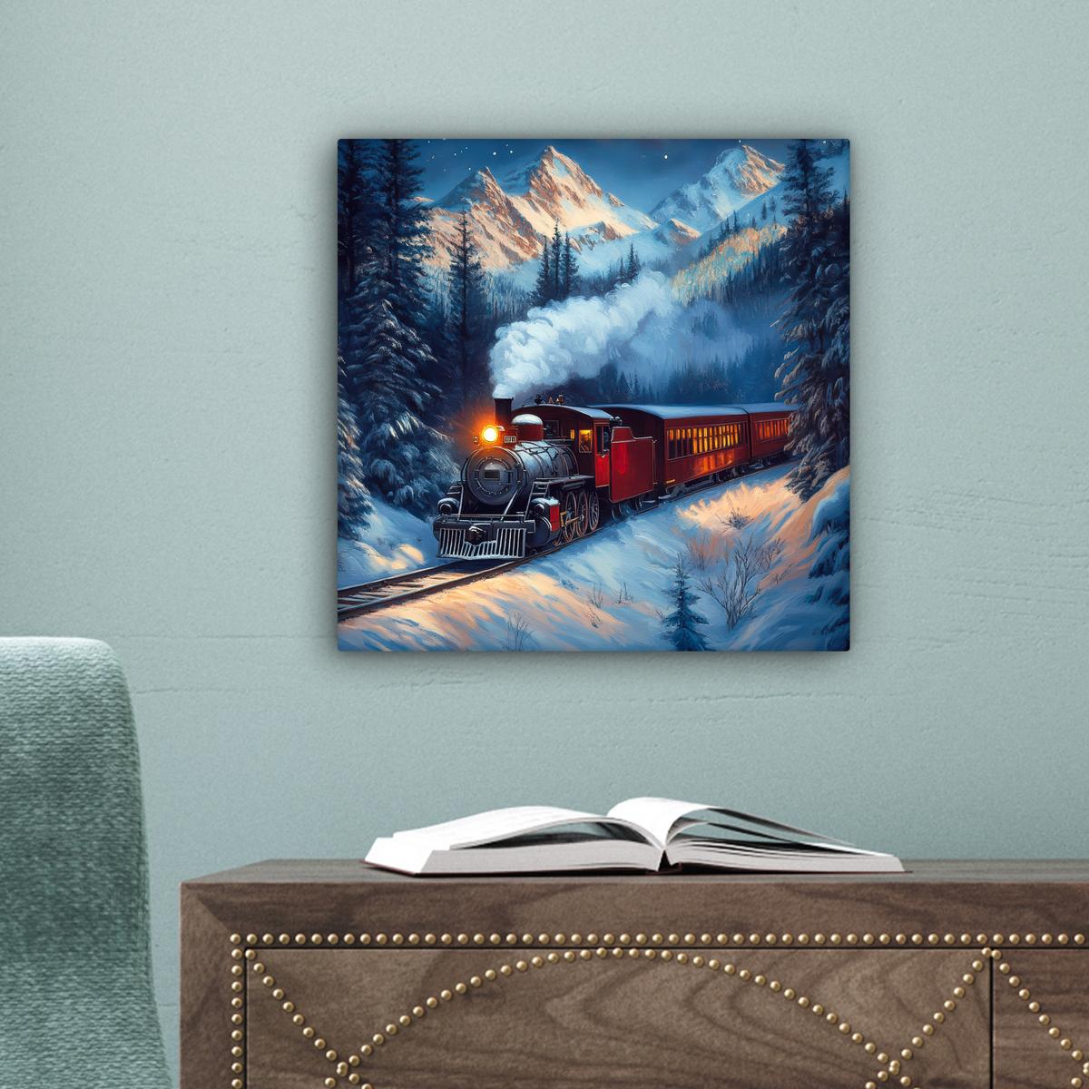 LEINWANDBILD Zug - Weihnachten - Schnee - Weihnachtszug Deko Wohnzimmer 20x20 cm - Anthrazit, Textil (20/20cm) - MuchoWow