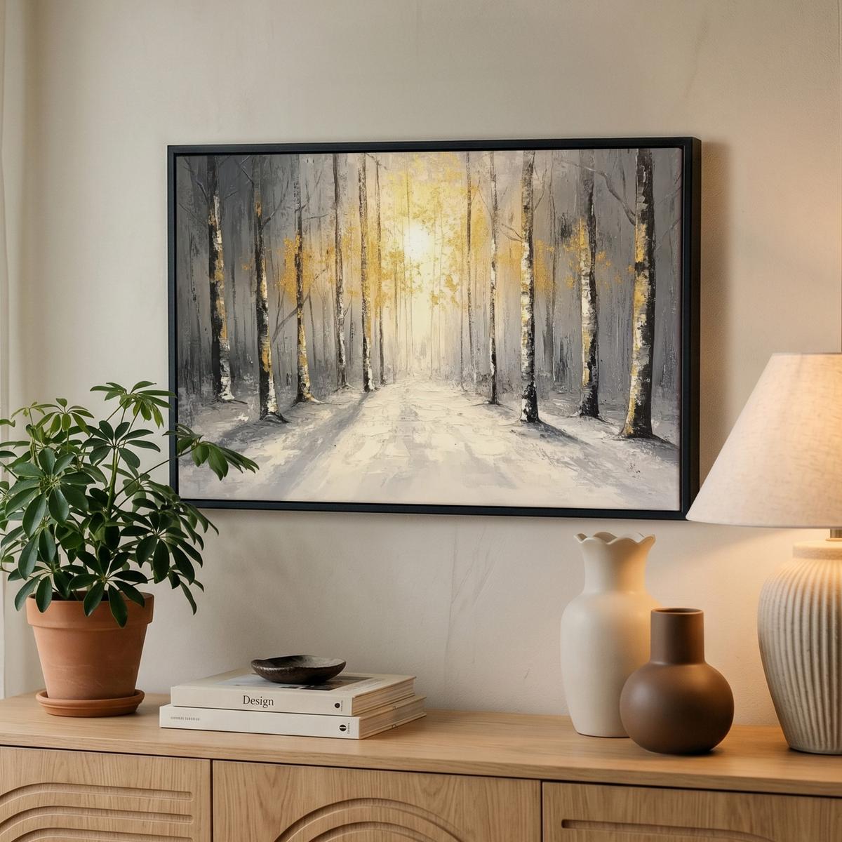 LEINWAND Bilder mit Rahmen - Winter - Abstrakt - Schnee - Natur - Sonne - 60x40 - Grau, Textil (60/40cm) - MuchoWow