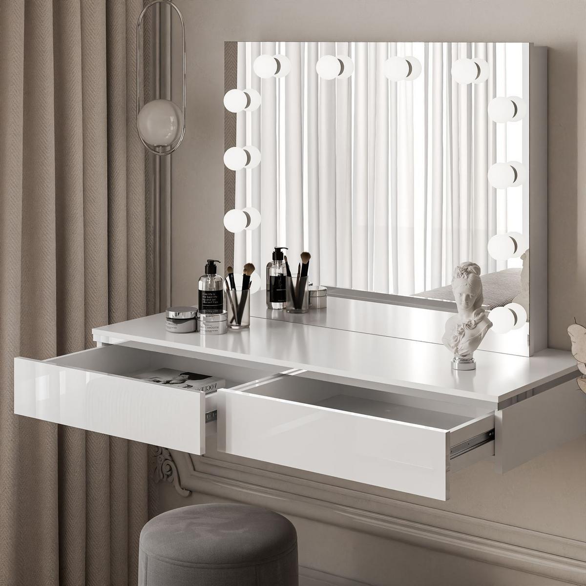 SCHMINKTISCH AURORA SILVER ELITE Hängend mit Spiegel Hochglanz Weiß - Weiß Hochglanz, Holzwerkstoff (102/14.9/43.6cm) - Lookway