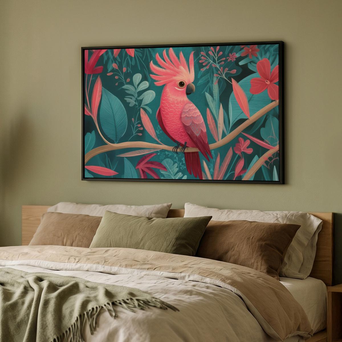 LEINWAND Bilder mit Rahmen - Kakadu - Tropische Blätter - Zweig - 90x60 - Petrol, Textil (90/60cm) - MuchoWow
