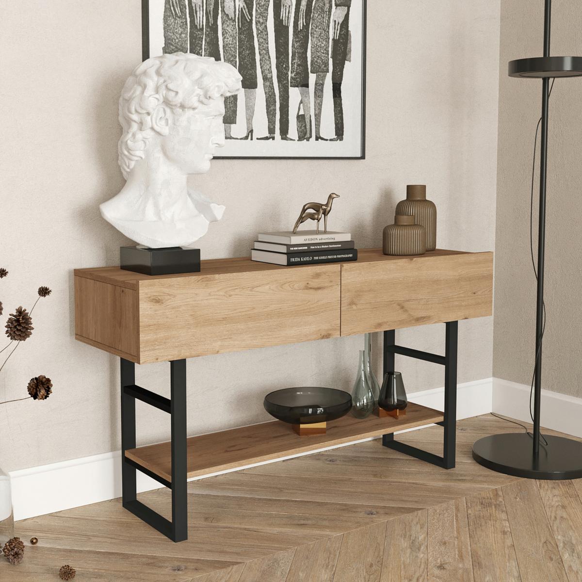 KONSOLENTISCH Lappeenranta - Eichefarben/Schwarz, Holzwerkstoff/Metall (43/139/76cm) - [en.casa]
