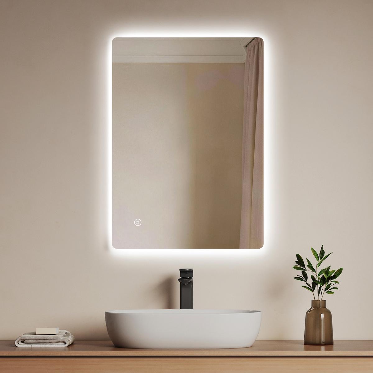 BADSPIEGEL LED abgerundet Kaltweiß Touch-Schalter Dimmbar 70/50 cm - Transparent, Glas (70/50/3cm) - EMKE