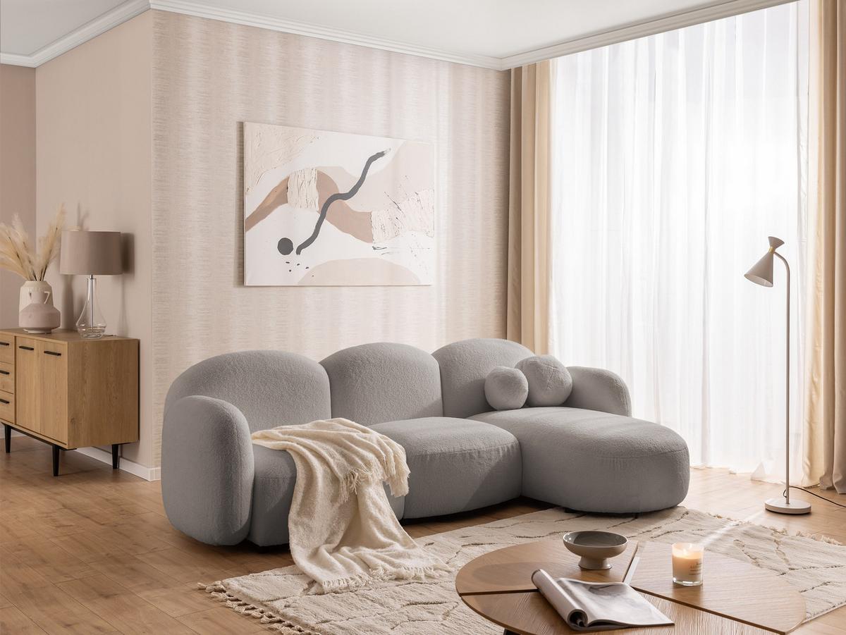 ECKSOFA Nuvola mit abgerundetem Design Hellgrau Bouclé-Stoff - Ottomane Rechts - Hellgrau/Schwarz, Holz/Kunststoff (268/146cm) - S-Style Möbel