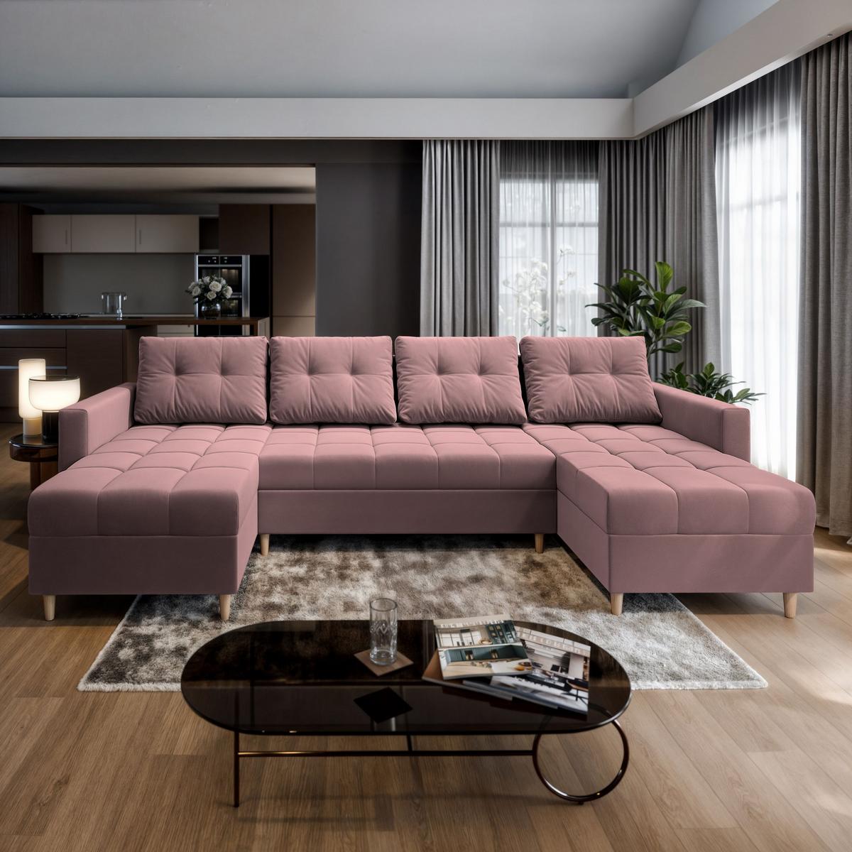 WOHNLANDSCHAFT MILO U Rosa Plüsch-Stoff mit Schlaffunktion - Rosa/Braun, Holz/Textil (285/91/140cm) - MASSENO