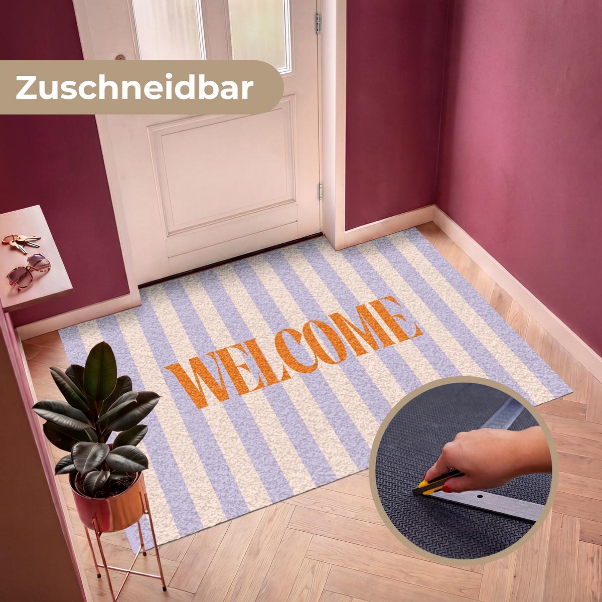 FUSSMATTE Lila – Orange – Streifen – Willkommen 180x120 cm - Flieder, Kunststoff (180/0.4cm) - MuchoWow
