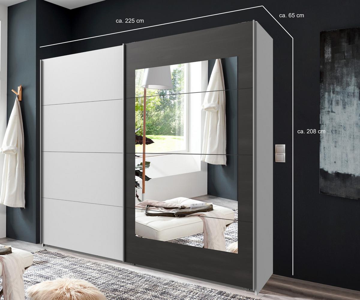 SCHWEBETÜRENSCHRANK 2-türig B225/H208/T65 cm, Kleiderschrank in Weiß mit Rahmenspiegel auf Tür in grauer Stahl-Optik / 22005 - Weiß/Grau, Holzwerkstoff/Metall (225/208/65cm) - luma-home