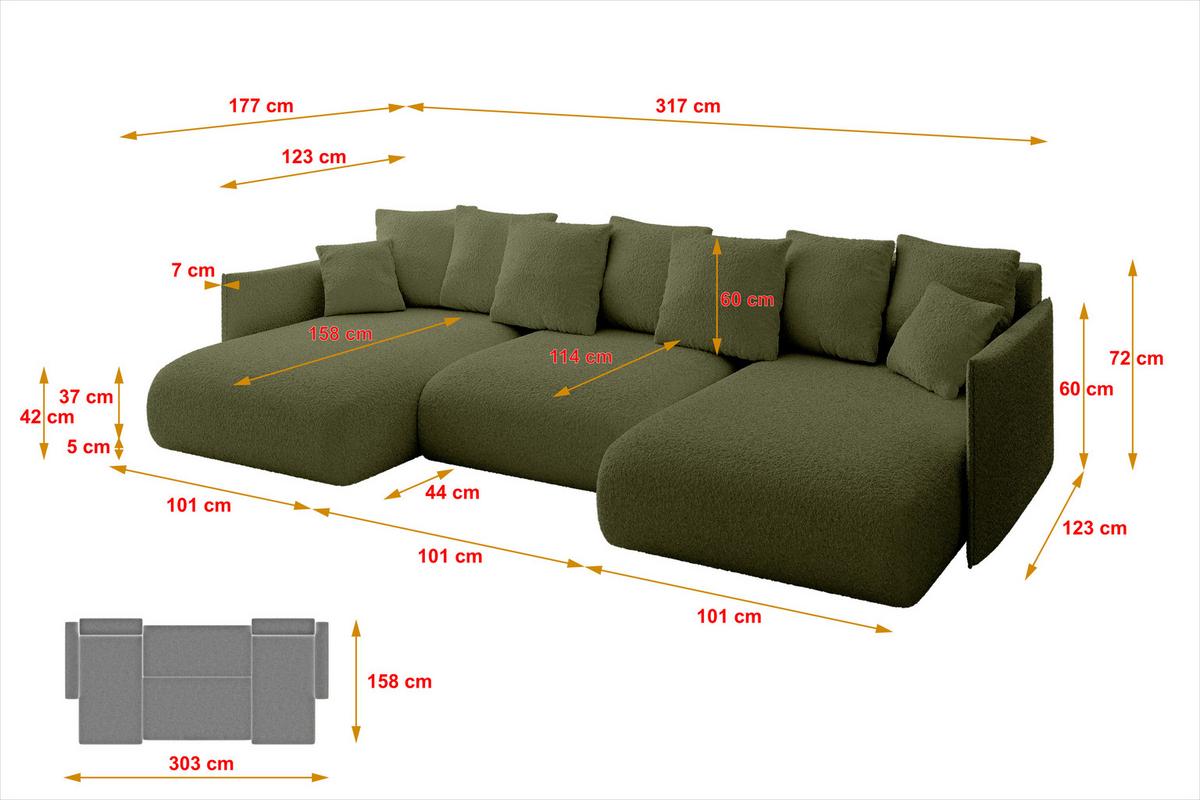 WOHNLANDSCHAFT mit Schlaffunktion und Bettkasten ONESK-U 317x177x72 Grün Bouclé - Olivgrün, Holzwerkstoff/Kunststoff (317/72/177cm) - ALTDECOR