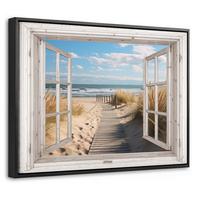 LEINWAND Bilder mit Rahmen - Fenster - Meer - Küste - Natur - Ausblick - Strand - Wattenmeer - 40x30 - Beige, Textil (40/30cm) - MuchoWow