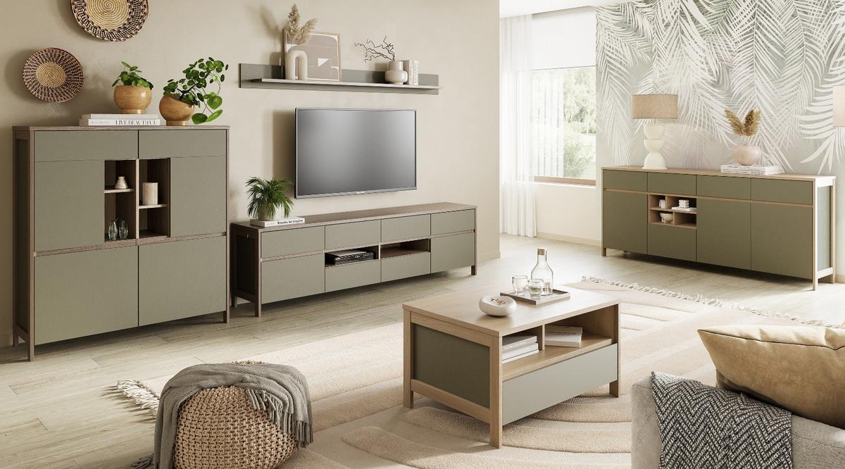 WOHNWAND Salbei grün, Eiche, Wohnkombination skandinavisch 3-teilig 319 cm, Soft-Close - Salbeigrün/Eichefarben, Glas/Holzwerkstoff (319/170/39cm) - Furn.Design