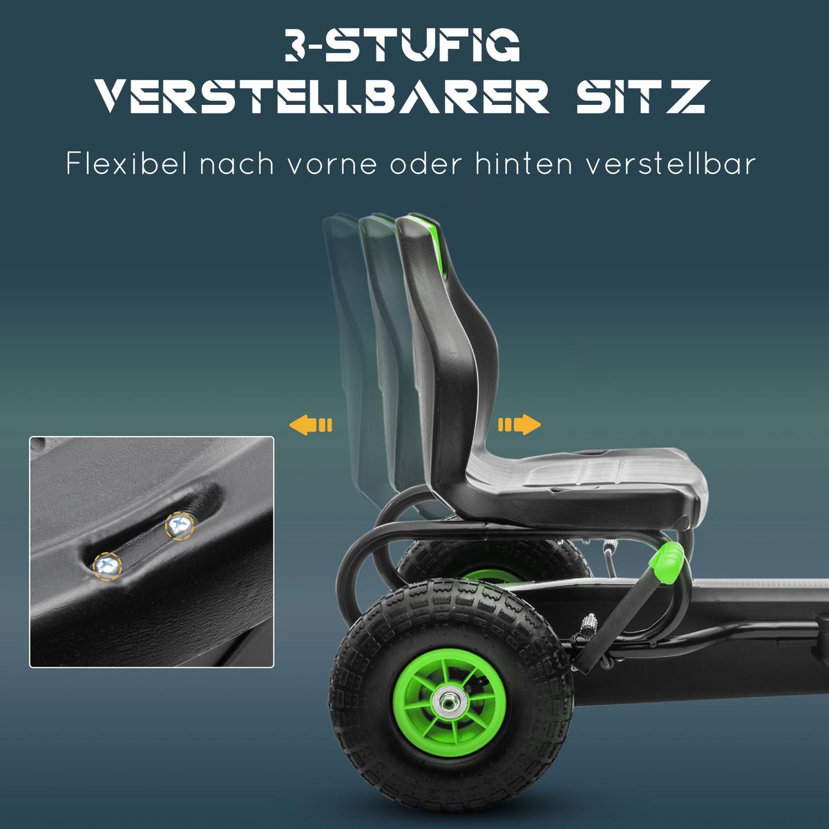 GOKART, Kinderfahrzeug mit verstellbarem Schalensitz, Tretauto, Grün+Schwarz - Grün, Metall (121/58/61cm) - HOMCOM