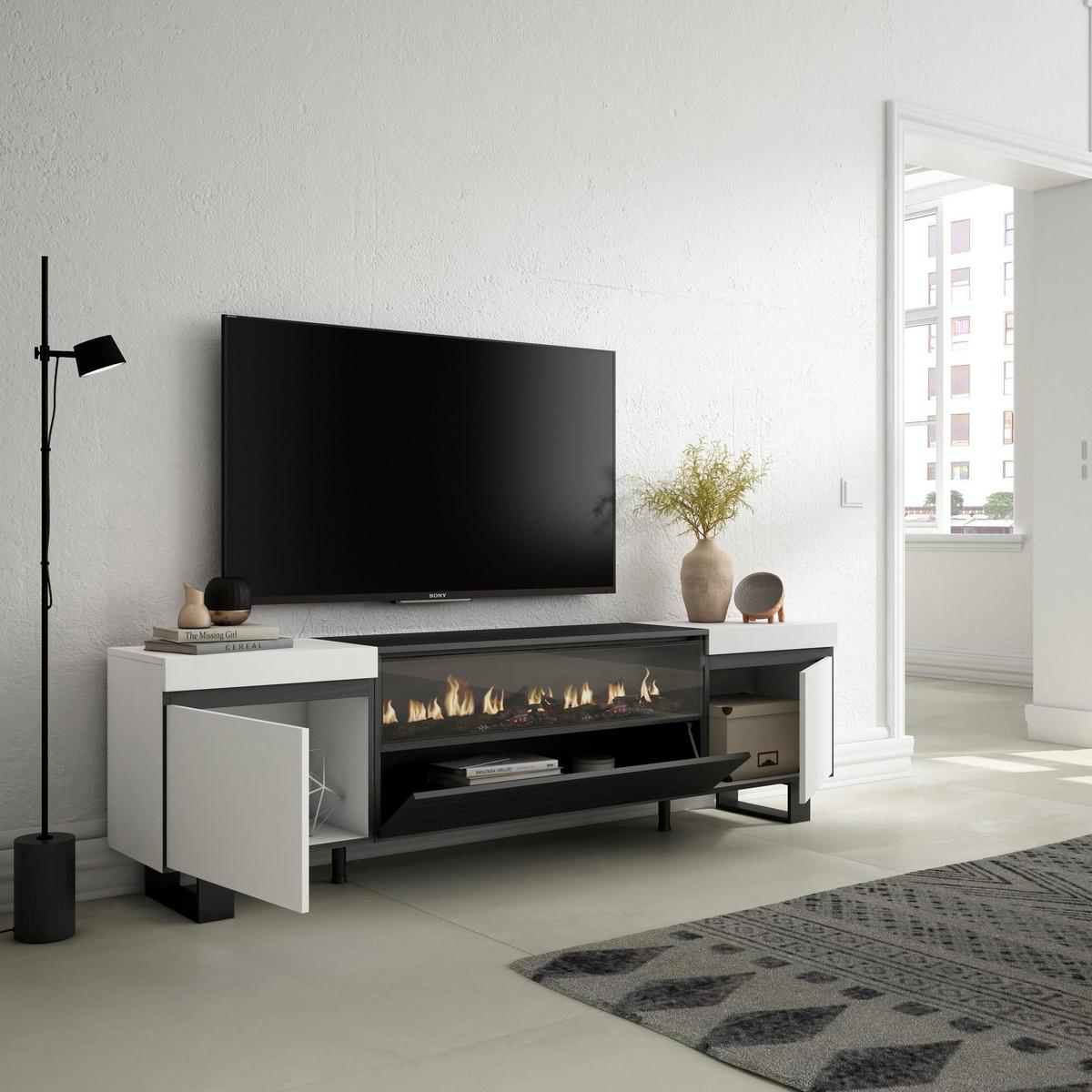 LOWBOARD mit Elektrokamin, Weiß, Schwarz, 200/35/57cm - Weiß, Holzwerkstoff (200/57/35cm) - Skraut Home