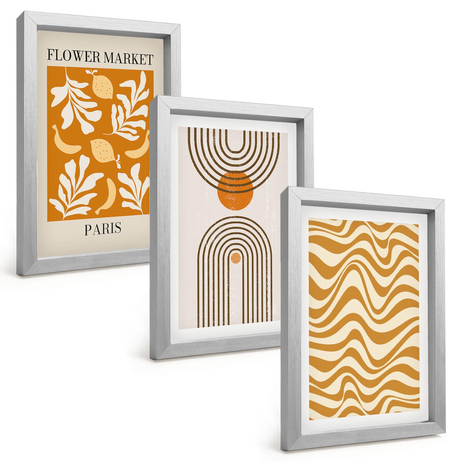 BILDER SET 3er Set - 20x30 cm Silberner Rahmen - Poster mit geometrischen Pflanzenmustern - Silberfarben, Kunststoff (20/30cm) - TULUP