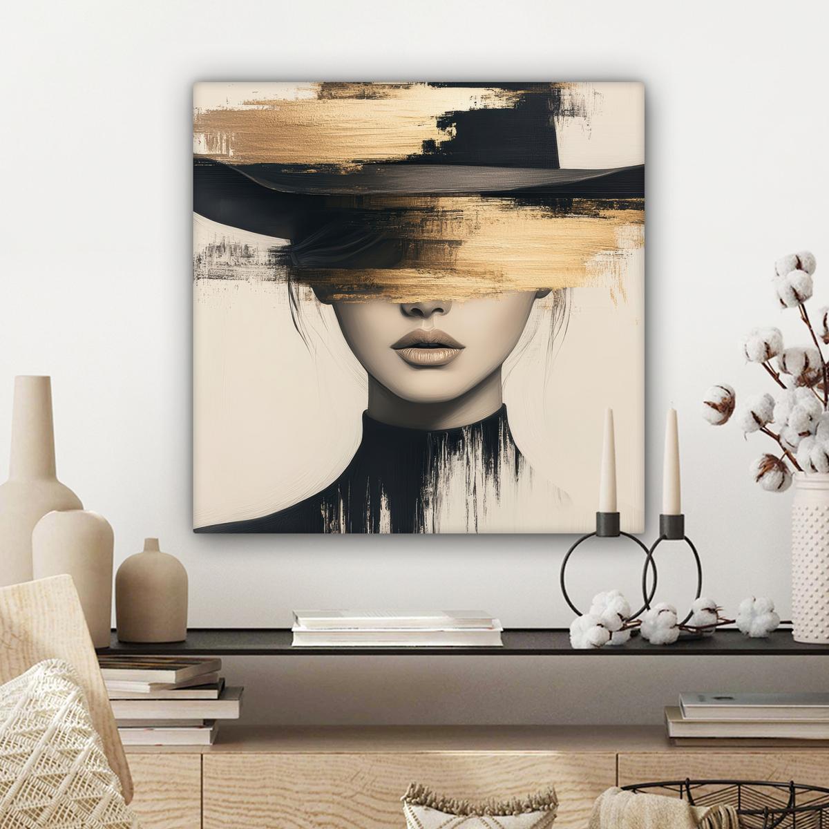 LEINWANDBILD Frau - Hut - Farbe Wandbild Wohnzimmer 50x50 cm - Goldfarben, Textil (50/50cm) - MuchoWow