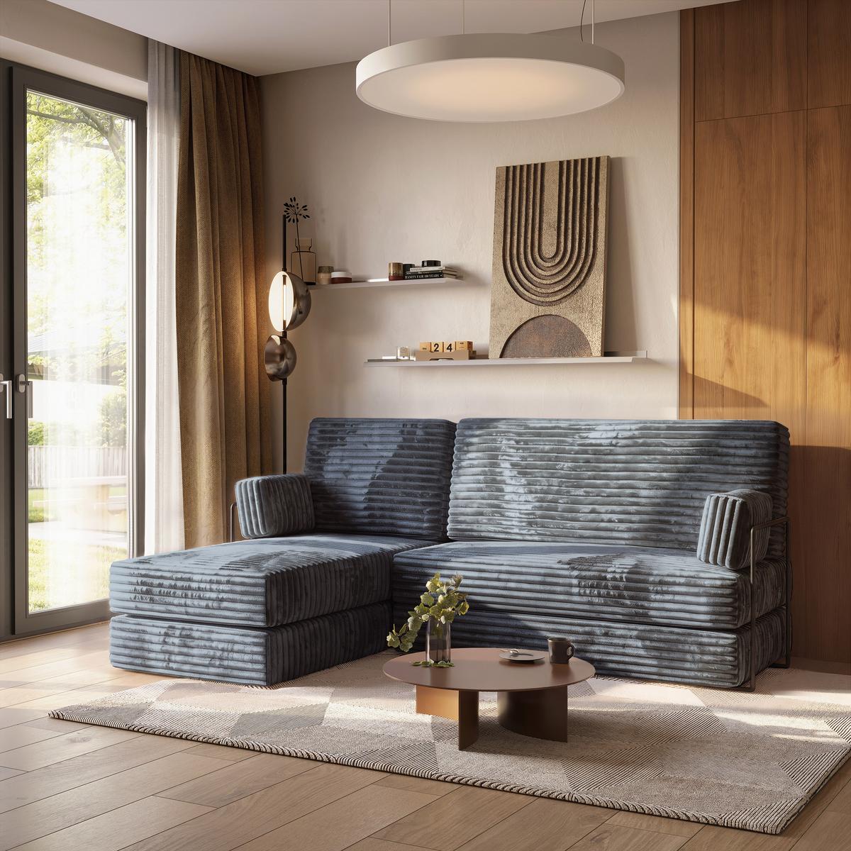 ECKSOFA NOTIA modulares Boneless Sofa mit Schlaffunktion Grau Kordstoff - Blaugrau, Textil (200/120cm) - MASSENO