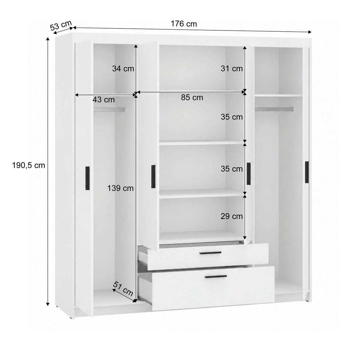 DREHTÜRENSCHRANK Elena mit 4 Türen und 2 Schubladen, ohne Spiegel Weiß - Weiß, Holzwerkstoff (176/190/53cm) - Beautysofa