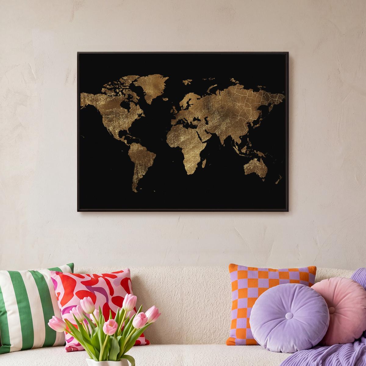 LEINWAND Bilder mit Rahmen - Weltkarte - Gold - Luxus - Erde - Schwarz - 80x60 - Goldfarben, Textil (80/60cm) - MuchoWow