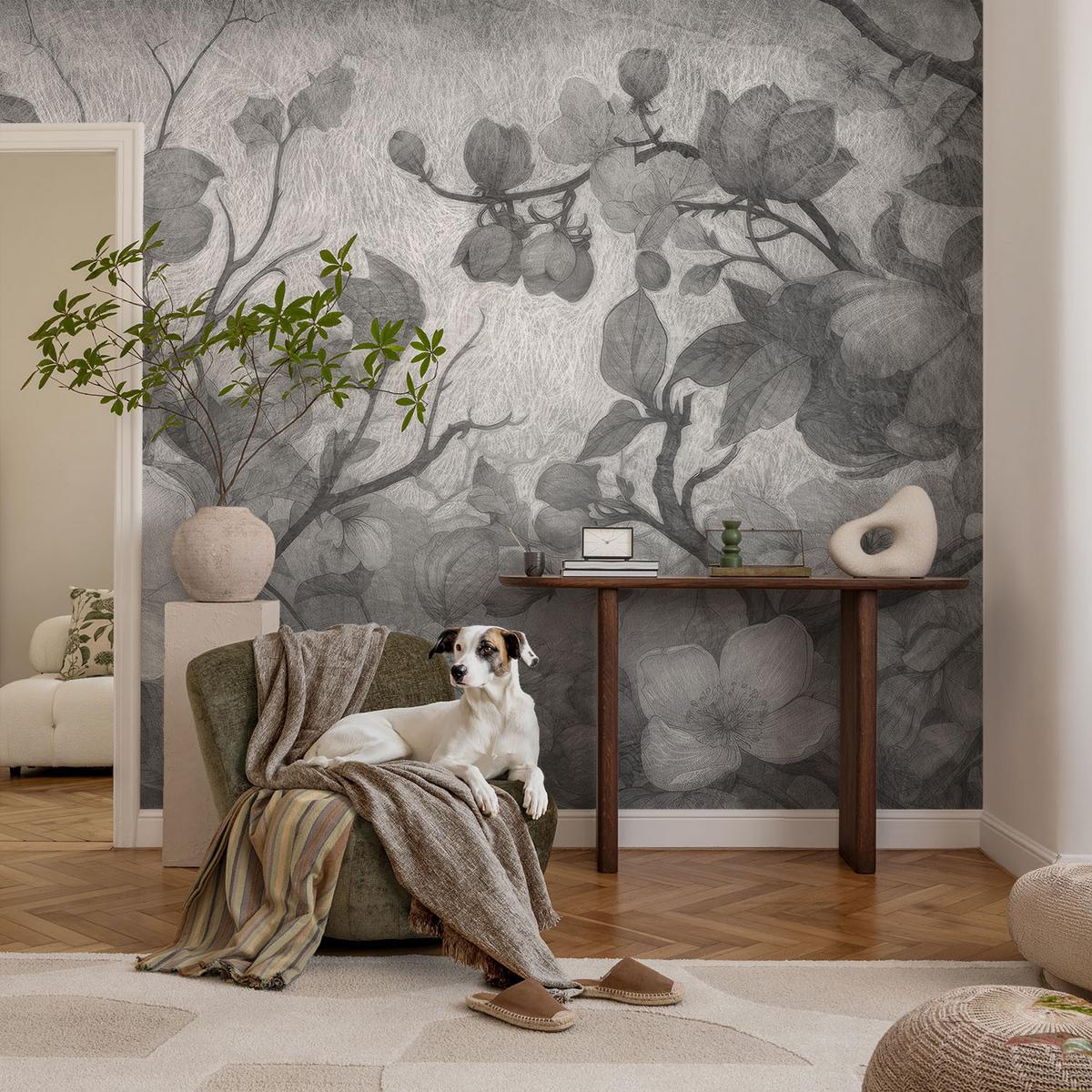 FOTOTAPETE 208x146 cm - Blütenzweig - Schwarz, Textil (208/146cm) - Wallfluent