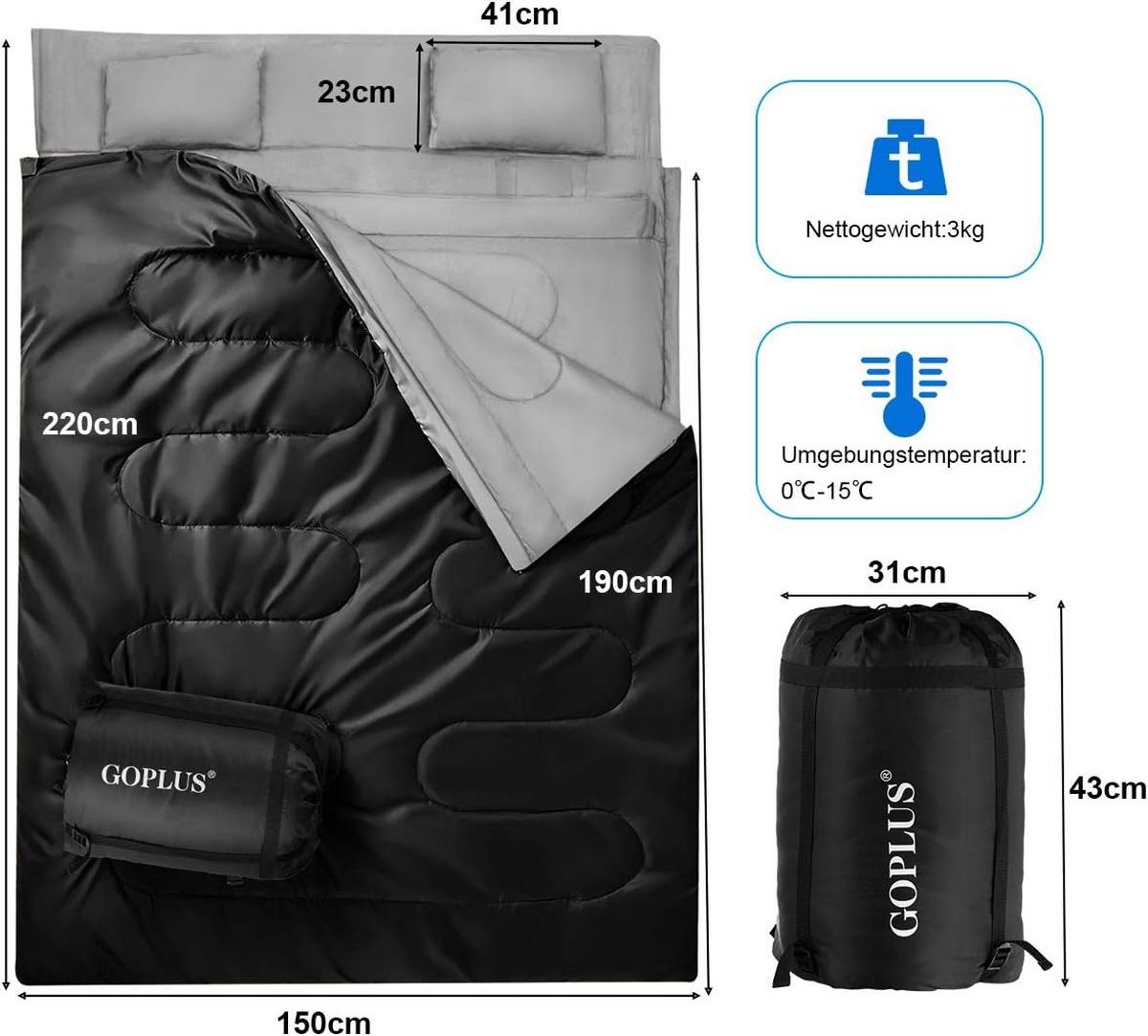 DOPPELSCHLAFSACK Schwarz - Schwarz, Textil - COSTWAY